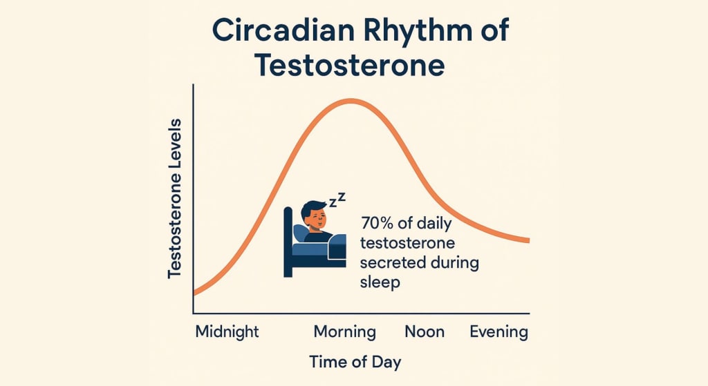 A graph showing testosterone levels peaking in the morning, with 70% of daily testosterone secreted during sleep. The x-axis marks time of day; y-axis shows testosterone levels.